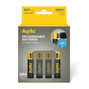 AAA batterij Oplaadbaar Aqiila USB-C 600 mAh Li-Ion 1,5V 4 s