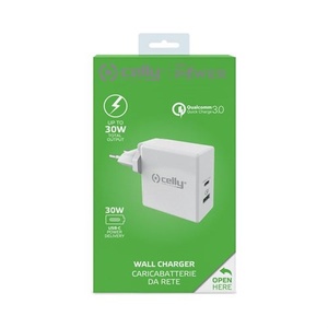 Wall charger 1x USB 1x USB-C 30W power delivery, wit